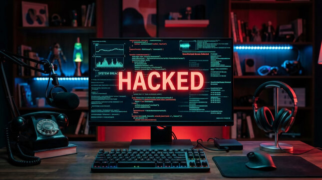Computer screen displaying "HACKED" with code and unauthorized access alert, symbolizing cyber threat and security breach, representing digital danger and intrusion