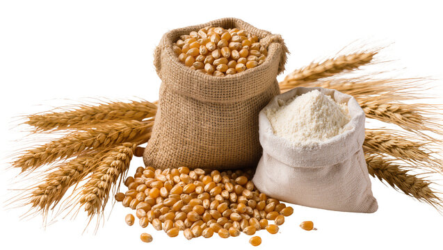 Burlap sacks of corn kernels and wheat flour with wheat stalks