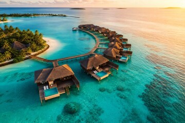 Obraz premium Overwater Bungalows And Curved Boardwalk At Sunset Lagoon Escape