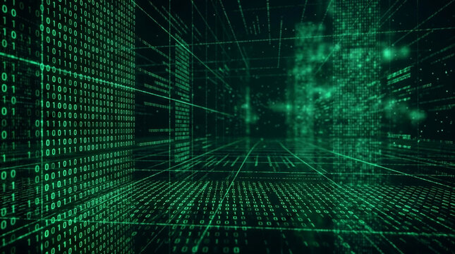 Abstract green binary code streams forming a digital grid, representing data flow, technology, and the digital world, with depth and perspective.
