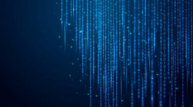 Vertical streams of glowing blue binary code cascade against a dark background, symbolizing data flow and digital information, ideal for technology concepts.