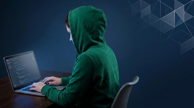Person in green hoodie typing on laptop, with abstract geometric pattern in background, symbolizing technology, coding, and digital world.