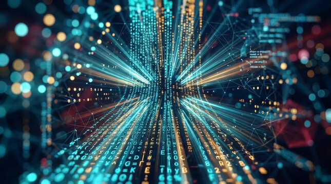 Abstract glowing data streams with binary code and network lines, symbolizing digital information, network connection, and technological advancement