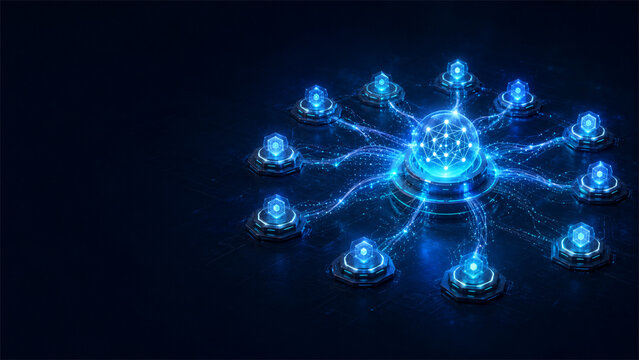 Autonomous AI agent orchestration network with central core coordinating multiple agents in dark blue enterprise workflow concept