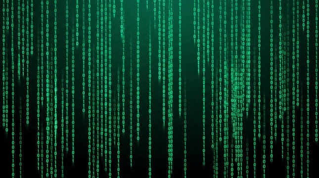 Digital rain of green binary code on a dark background, representing data flow and technological advancement, symbolic of the digital age.