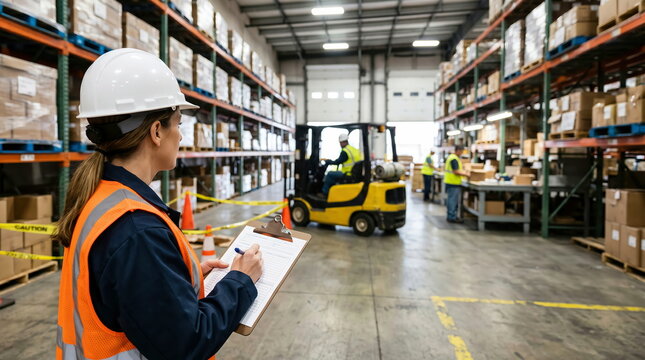 Warehouse manager conducting inventory check in large distribution center with workers for supply chain efficiency and safety protocols.