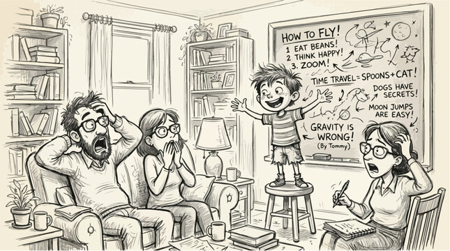 Vintage hand-drawn sketch of a hyperactive boy giving a presentation, shocked parents and teacher in a living room, humorous family life vector