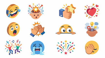 Set of various 3D emoji icons depicting different emotions and reactions, including laughter, surprise, applause, and celebration, on a white background. © Lucas