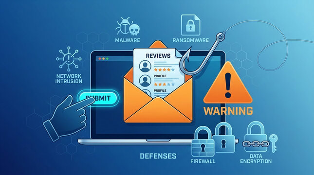 Digital illustration depicting cybersecurity threats like malware, ransomware, and network intrusion, with a fishing hook symbolizing phishing, against a blue background.