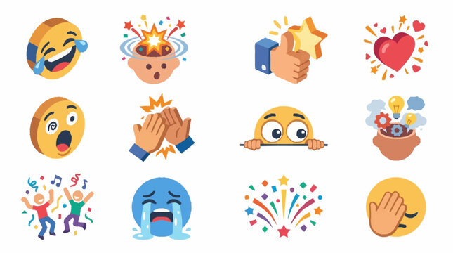 Set of various 3D emoji icons depicting different emotions and reactions, including laughter, surprise, applause, and celebration, on a white background.