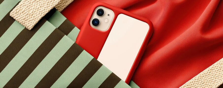 Red iPhone peeking from striped tote bag pocket on soft red fabric background