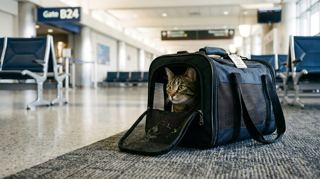tabby cat looking out of a soft travel carrier bag at an airport terminal gate waiting for a flight with pet