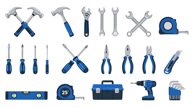 Flat Vector Blue Construction Hand Tools and Hardware Icon Collection
