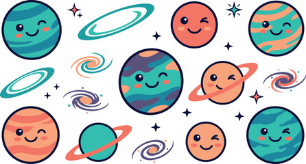 Cute Cartoon Solar System Planet Vector Set featuring Friendly Kawaii Space Elements Galaxy Rings and Twinkling Stars for Kids Nursery Graphic Designs © KP Studio