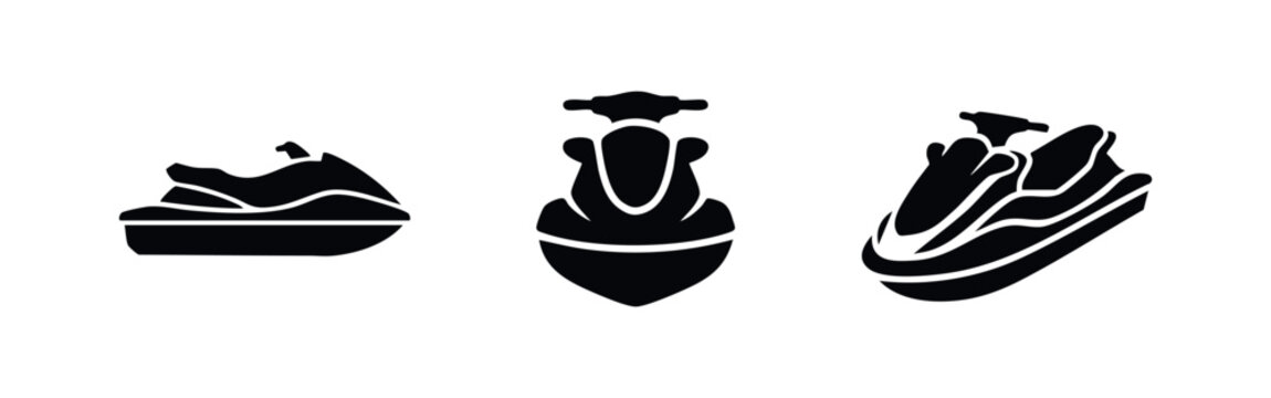 Jet Ski Icons Set. Personal Watercraft Silhouette Vector Illustrations.