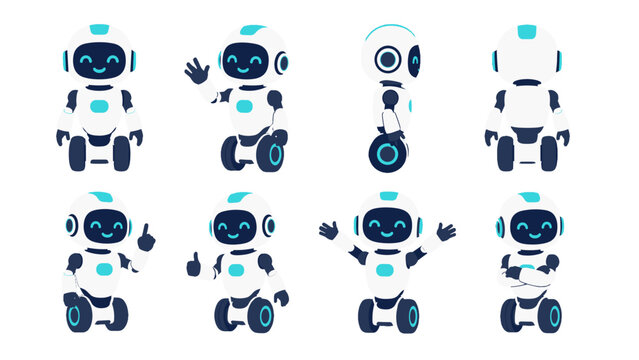 Cute robot character set with multiple poses and views