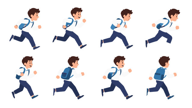 Set of schoolboy running with backpack in different poses
