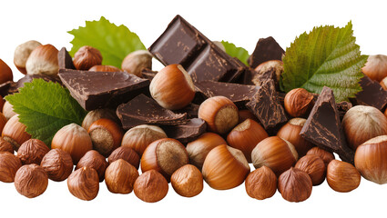 Fototapeta premium Dark chocolate pieces and whole hazelnuts with green leaves