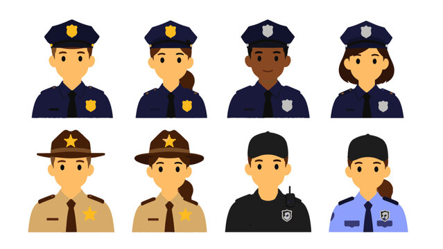 Set of male and female police and security officer avatars
