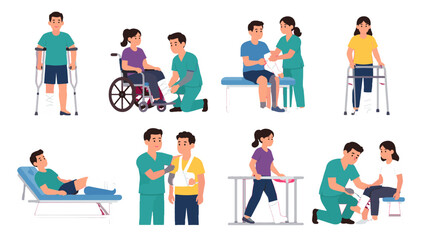 Fototapeta premium Orthopedic rehabilitation scenes with patients and medical staff