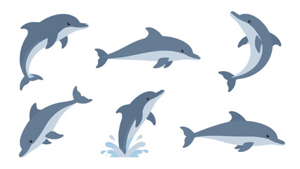 Set of blue dolphin illustrations in different swimming poses © Artstock