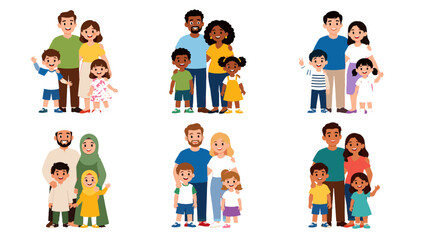 Fototapeta premium Set of diverse family groups with parents and children