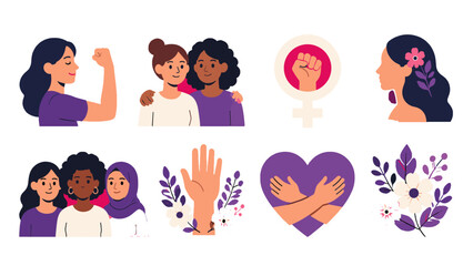 Women empowerment and solidarity illustration set with floral accents © Artstock