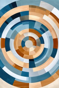 Abstract geometric concentric pattern with blue and orange tones, modern wall art and design decor