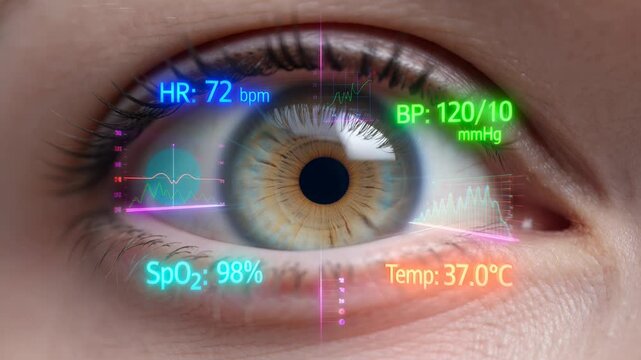 Futuristic augmented reality eye displaying live biometric health data with glowing digital interface, heart rate, blood pressure, oxygen saturation, and temperature monitoring