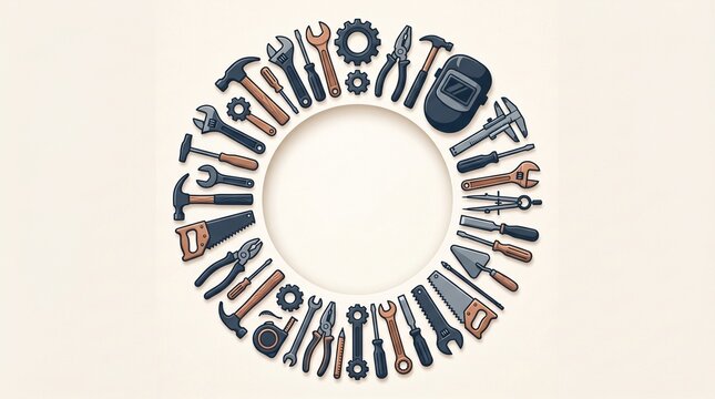 Frame made of various construction and repair tools arranged in a circle