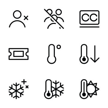 Outline icons set of user block no people and closed captions symbol ticket thermometer.