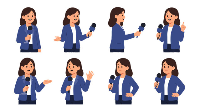 Female reporter character set with microphone in various poses