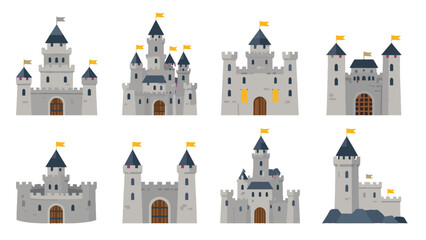Set of medieval castle icons in flat vector style © Artstock