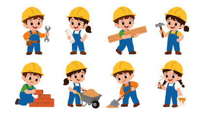 Fototapeta premium Cartoon construction worker children with building tools set