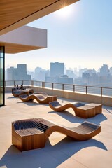 Fototapeta premium Modern rooftop terrace with sculptural loungers and sunlit city skyline view at sunrise