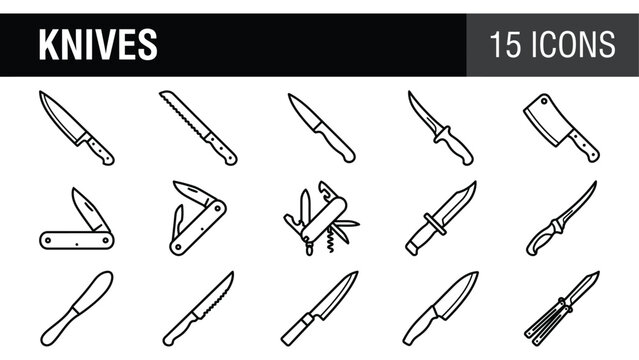Professional kitchen knives icon set, 15 line icons of chef blades and pocket tools, sharp steel cutlery vector pack