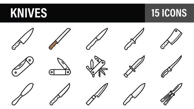 Professional kitchen knives icon set, 15 vector line icons of chef blades, pocket knives and hunting tools collection