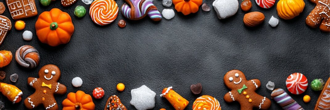 Festive Halloween candy and cookie arrangement with gingerbread men, pumpkins, and colorful sweets creating a spooky seasonal border on dark textured background