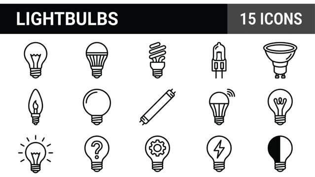 Lightbulbs icon set with 15 vector line elements. Modern LED and fluorescent lightbulb symbols for energy efficiency.