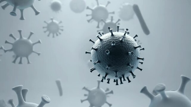 Realistic 3D scientific visualization of viruses in a microscopic environment, featuring rotating coronavirus-like particles with spike proteins in a clinical, sterile setting, viral pathogens footage