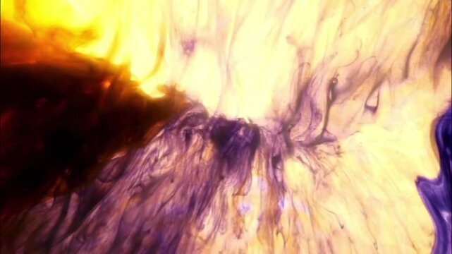 A stunning abstract art piece featuring a close-up of colorful inks mixing in water. Deep purple, bright yellow, and reddish brown inks interact, creating swirls, wisps, and a dynamic, 