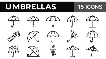 Umbrella line icons set, 15 black outline parasol symbols, weather protection vector elements for web and app design © @ahmedmaynul