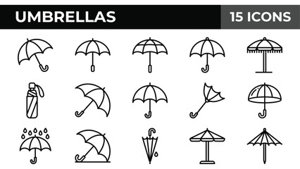 Umbrella line icon set, 15 icons of rain protection gear, black minimalist parasol and sunshade vector illustrations © @ahmedmaynul