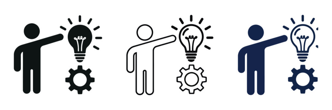 Proactive Strategy Planning Action Icon Set, Business Management Symbols with Target, Chess, Lightbulb and Arrow Elements Representing Leadership, Decision Making, Growth and Success