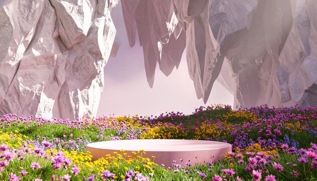 Abstact 3d render spring scene and Natural podium background, Stone podium on colorful wild flowers field in the cave for product display, mockup, advertising or etc