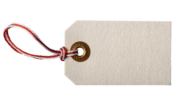 Blank beige paper tag with red and white string and brass eyelet