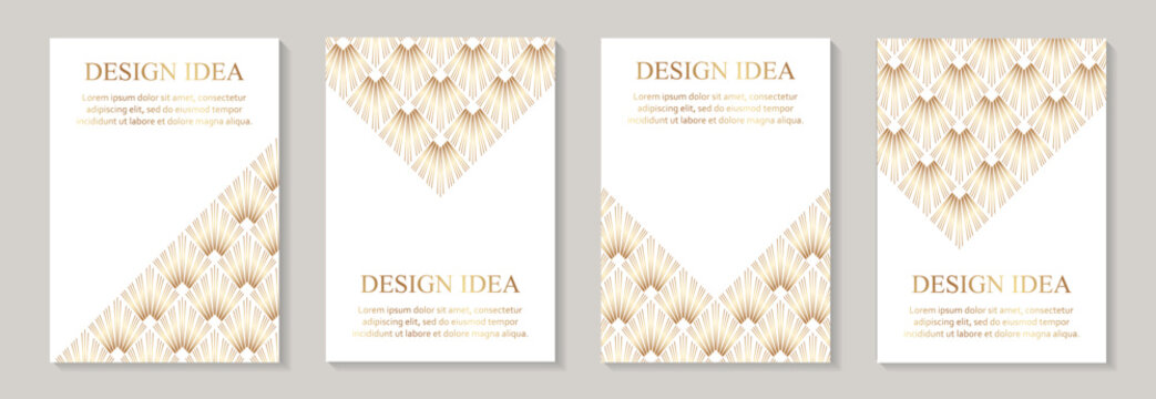 Modern geometric luxury white backgrounds for business or greeting cards with golden rhombuses in art deco style.