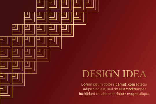Modern geometric luxury red background for business or greeting card with golden rhombuses in art deco style.