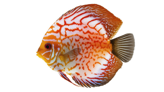 Orange and white spotted discus fish with red fins