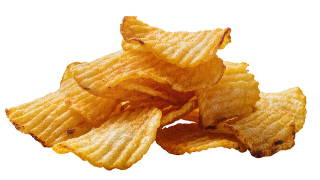 Ruffled potato chips stack golden brown, crispy texture